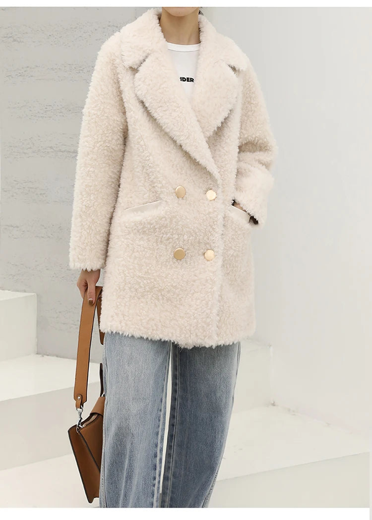 MENINA BONITA 2025 New  Luxury Winter Jacket Women's Coat Double-breasted Woven Real Natural Wool Fur Lapel Warm Loose Outerwear