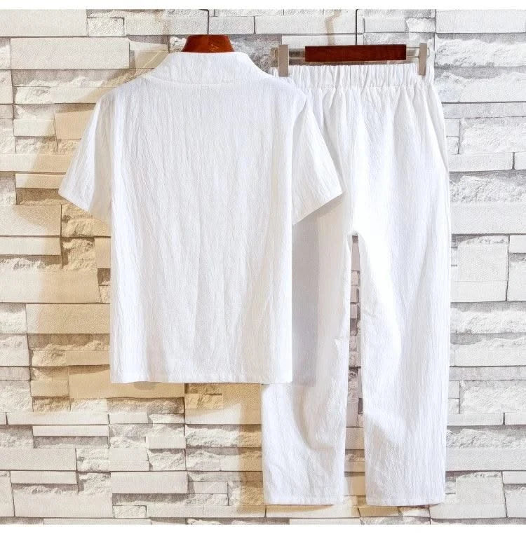 (Shirt + trousers) 2025 summer men shirt Man Cotton and linen shirts Short sleeve men's casual shirts men A set of clothes M-5XL - Elanique
