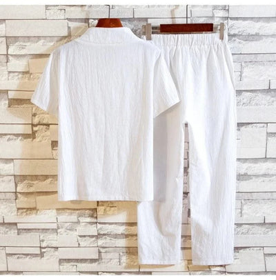 (Shirt + trousers) 2025 summer men shirt Man Cotton and linen shirts Short sleeve men's casual shirts men A set of clothes M-5XL - Elanique
