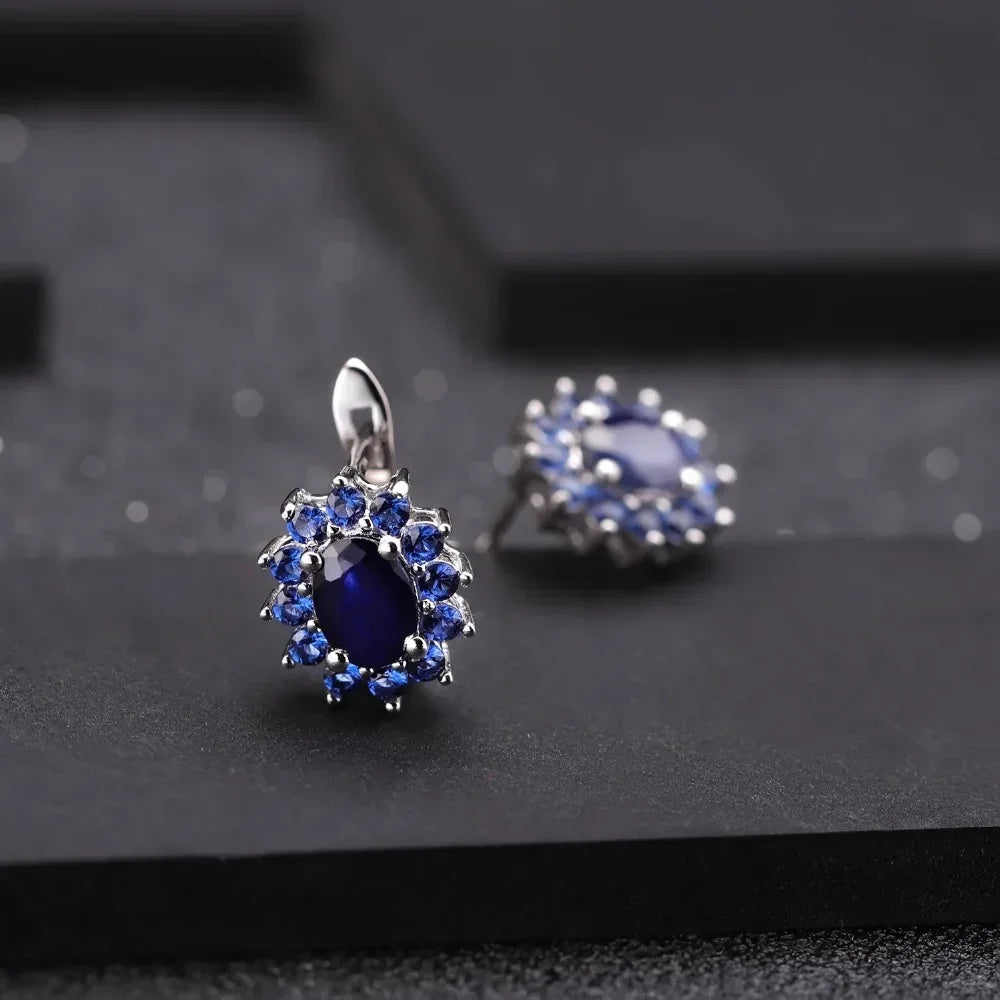 GEM'S BALLET Princess Diana Natural Blue Sapphire Pendant Earrings Ring Set 925 Sterling Silver Design Jewelry Set for Women