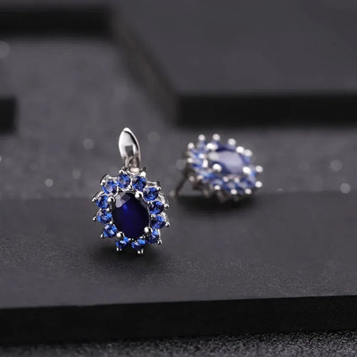 GEM'S BALLET Princess Diana Natural Blue Sapphire Pendant Earrings Ring Set 925 Sterling Silver Design Jewelry Set for Women