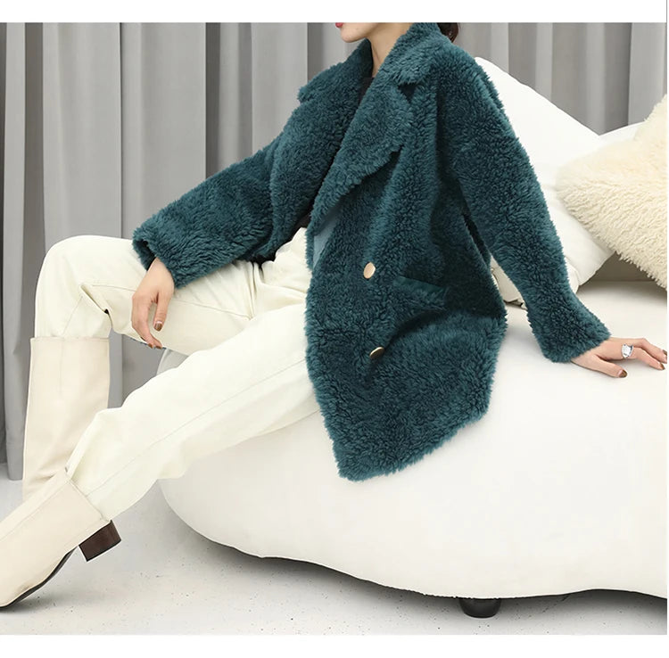 MENINA BONITA 2025 New  Luxury Winter Jacket Women's Coat Double-breasted Woven Real Natural Wool Fur Lapel Warm Loose Outerwear