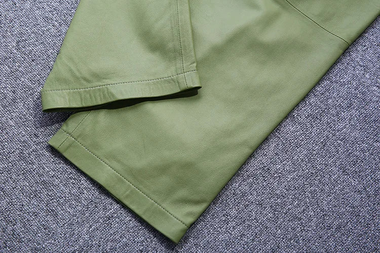 Stylish Genuine Leather Pants Women Sheepskin Bow Tie Lace High Waist Trousers Mujer Khaki/Green Straight Wide Leg Pantalon