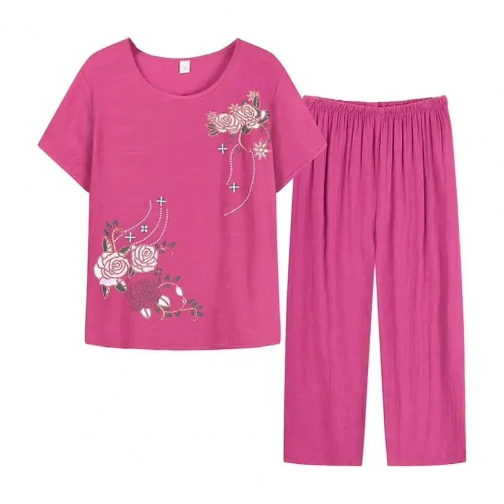 Summer Women Lounge Wear Set Short Sleeve Floral Print T-shirt Trousers Pants Loose Two Pieces Set Outfit Middle-aged Women Suit
