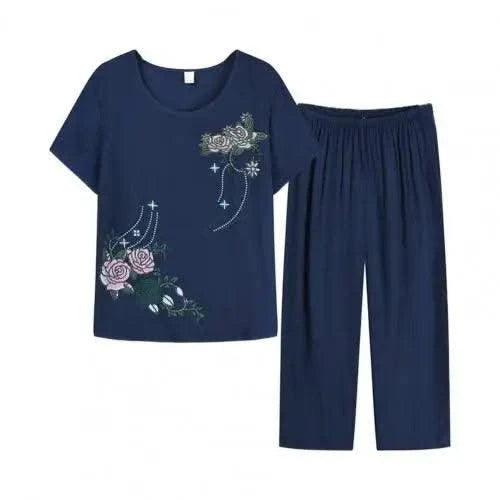 Summer Women Lounge Wear Set Short Sleeve Floral Print T-shirt Trousers Pants Loose Two Pieces Set Outfit Middle-aged Women Suit
