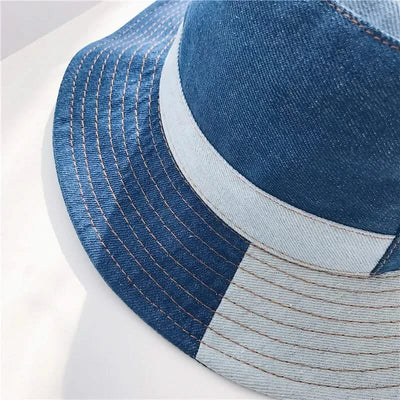 Bucket Hat Women Summer Hats and Caps Patchwork Washed Denim Bucket Hat Hip Hop Solid Wide Brim Cotton Beach Fishing Cap Panama