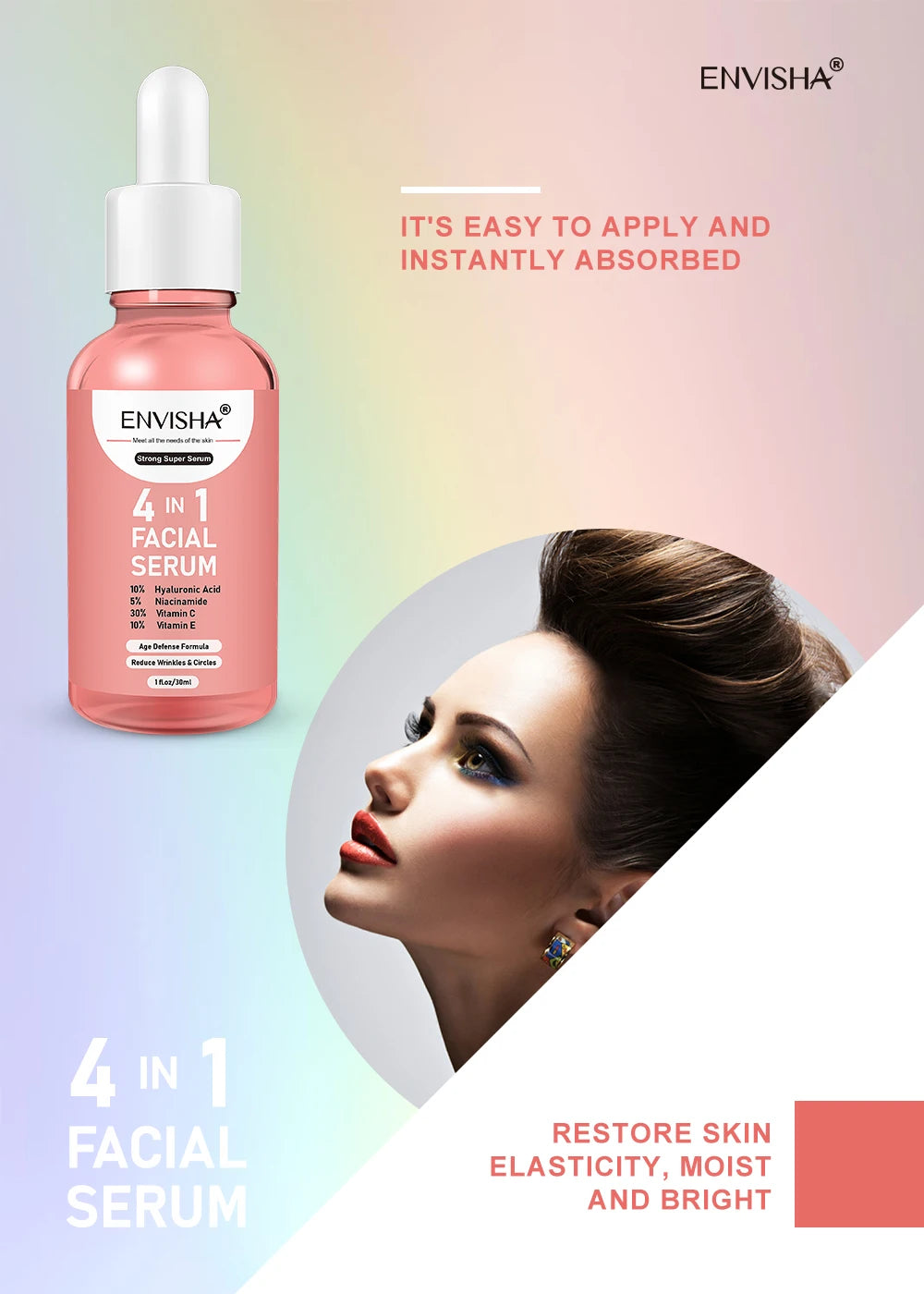 ENVISHA Facial Serum Hyaluronic Acid Niacinamide Vitamin Face Skin Care Anti-Aging Wrinkle Whitening Moisturizing Shrink Pores