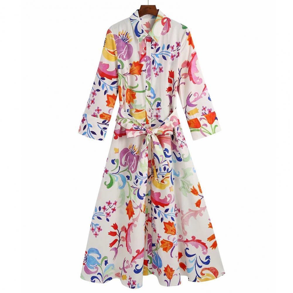 2021 Women Summer Dresses Floral Print Turn-down Collar A-Line 3/4 Sleeve Large Hem Single-breasted Mid-Calf Shirt Midi Dress St