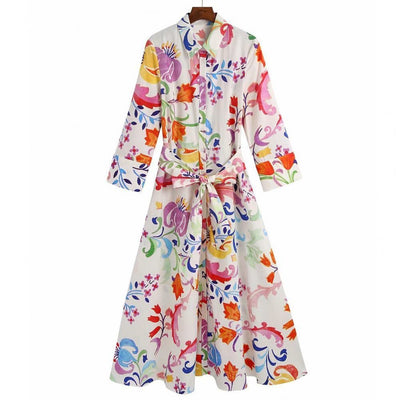 2021 Women Summer Dresses Floral Print Turn-down Collar A-Line 3/4 Sleeve Large Hem Single-breasted Mid-Calf Shirt Midi Dress St