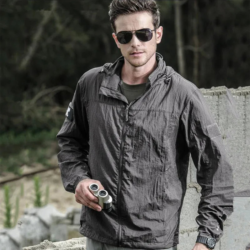 Summer Lightweight Tactical Jacket Men's Windbreaker Thin Skin Hooded Raincoat Quick Dry Breathable Waterproof Jacket