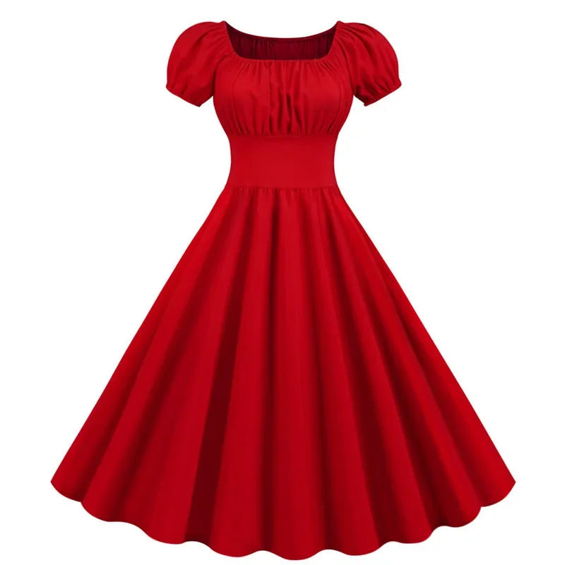 Women Vintage Dress Robe Elegant Party  Casual Office Midi Dress Femme Summer Puff Sleeve Square Collar Solid Red