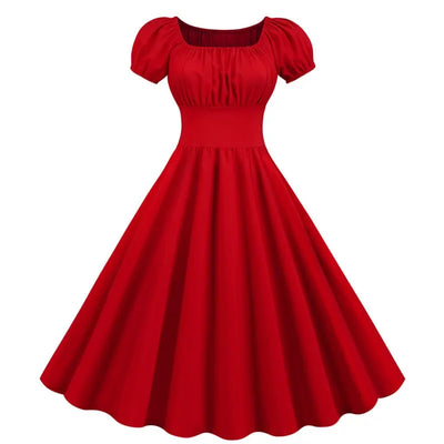 Women Vintage Dress Robe Elegant Party  Casual Office Midi Dress Femme Summer Puff Sleeve Square Collar Solid Red