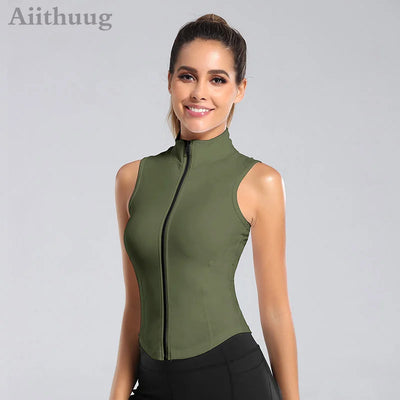 Aiithuug Athletic Zip Up Sweat Vest Jacket Sleeveless Running Yoga Tops High Neck Shirts Sports Top Fitness Women Workout Tops