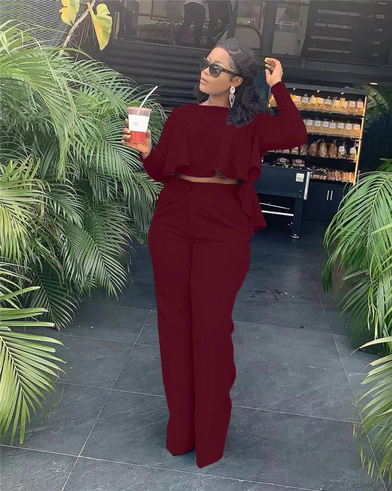 Elegant Work Wear Two Piece Set Fall Clothes for Women Ruffles Crop Top and Wide Leg Pants Suits Matching Sets Sexy Club Outfits