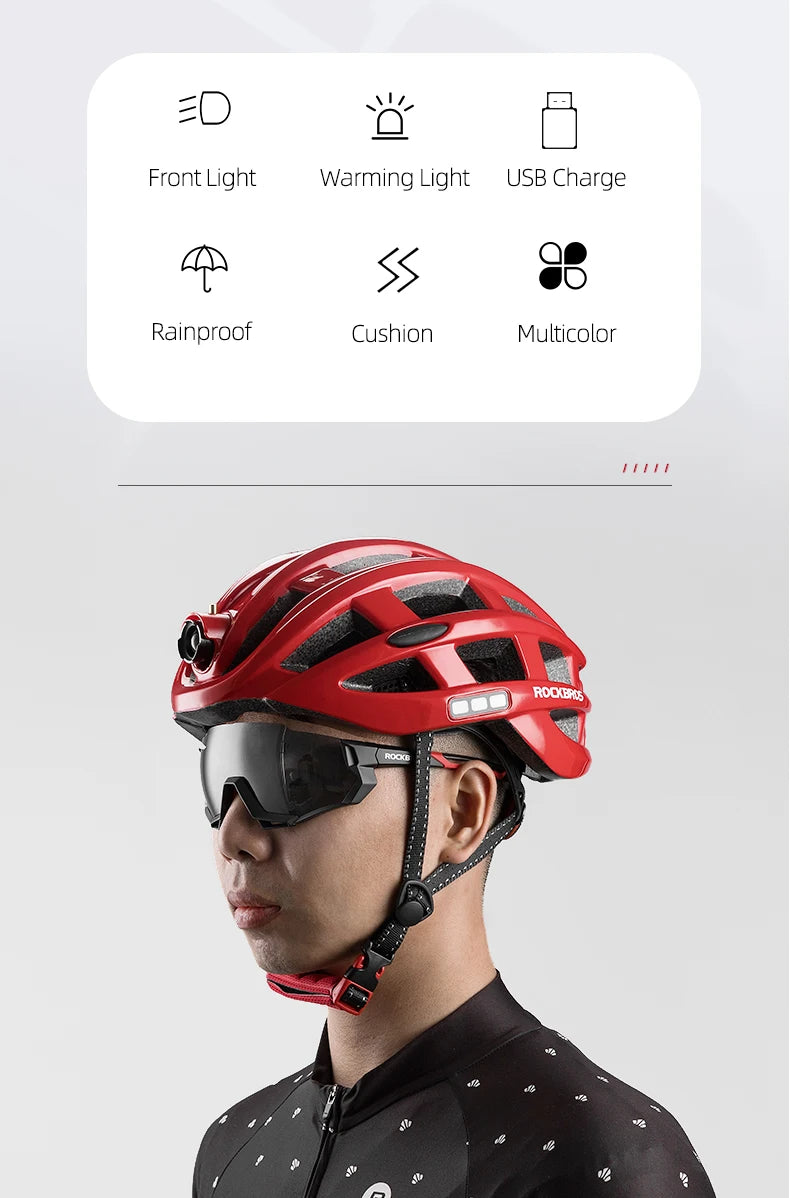 ROCKBROS Bicycle Helmets Ultralight Cycling Helmet Mountain Road Bike Helmet With Glowing Headlight Warning Light Safety Cap