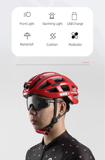 ROCKBROS Bicycle Helmets Ultralight Cycling Helmet Mountain Road Bike Helmet With Glowing Headlight Warning Light Safety Cap