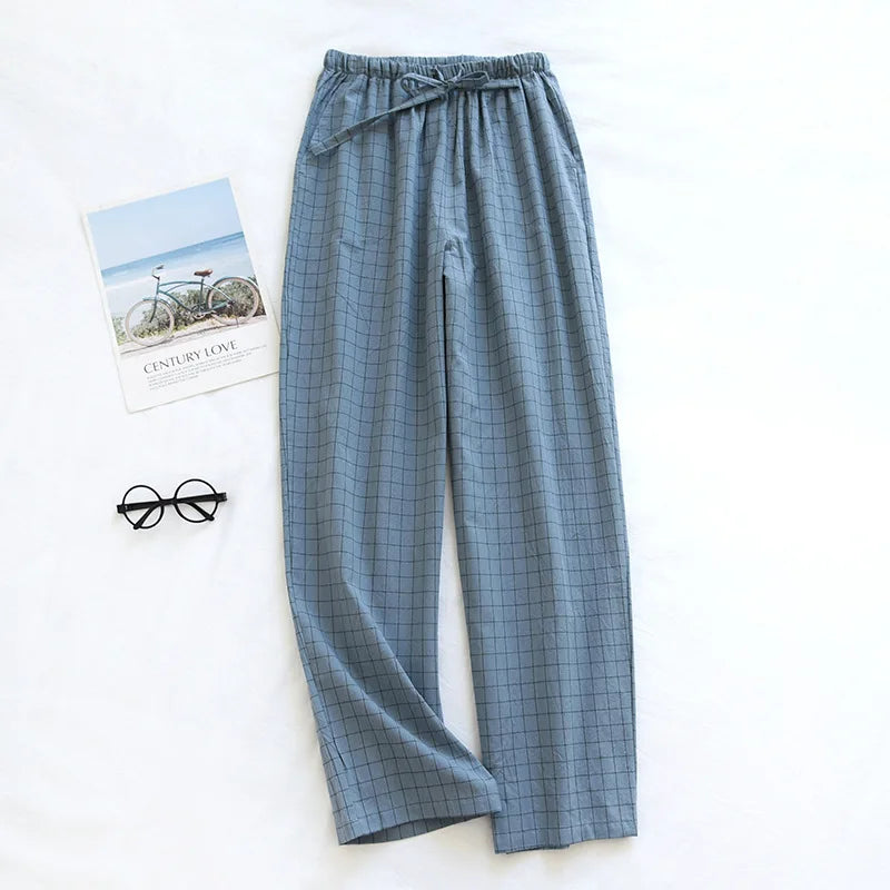 couple washed cotton trousers thin men and women home pants Elastic Waist Sleep Bottoms Plaid lounge pants home sleepwear 2021