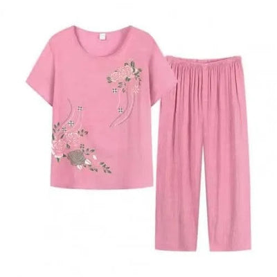Summer Women Lounge Wear Set Short Sleeve Floral Print T-shirt Trousers Pants Loose Two Pieces Set Outfit Middle-aged Women Suit