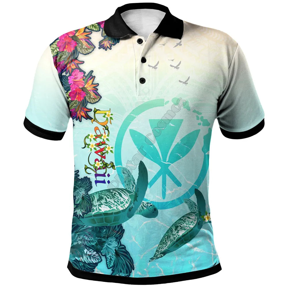Polynesian Hawaii Polo Shirts Humpback Whale with Tropical Flowers 3D Printed Polo Shirt Men Women Short Sleeve Summer T-shirt