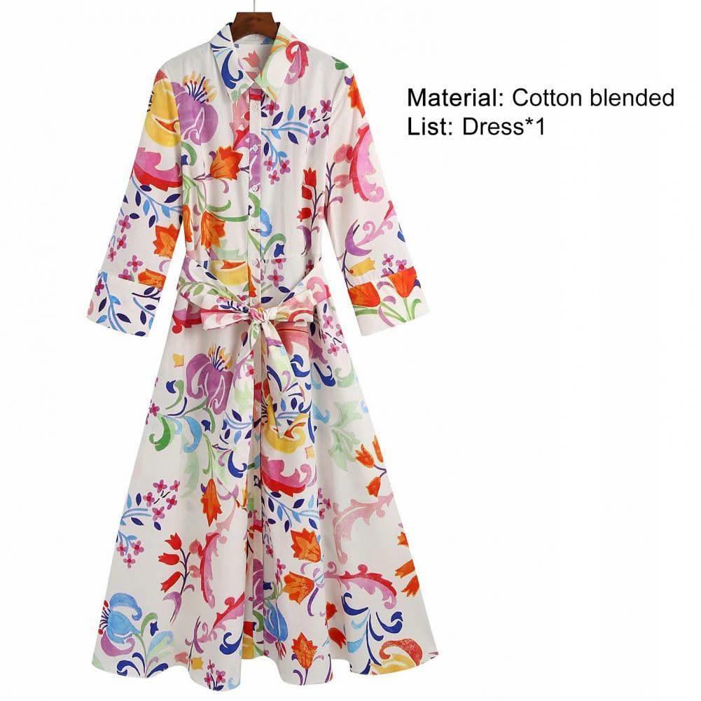 2021 Women Summer Dresses Floral Print Turn-down Collar A-Line 3/4 Sleeve Large Hem Single-breasted Mid-Calf Shirt Midi Dress St