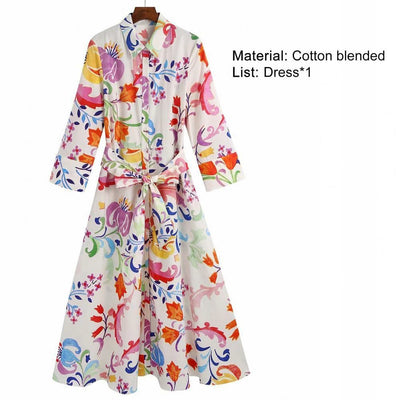 2021 Women Summer Dresses Floral Print Turn-down Collar A-Line 3/4 Sleeve Large Hem Single-breasted Mid-Calf Shirt Midi Dress St