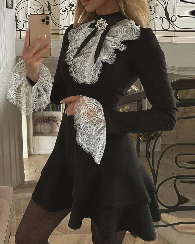 2025 Women's Dresses Fashion Elegant Sexy Long Sleeve Lace Bell Sleeve Ruffle Dress OL Classic Romantic Patchwork Mini Dress