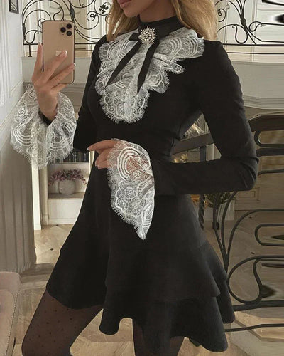 2025 Women's Dresses Fashion Elegant Sexy Long Sleeve Lace Bell Sleeve Ruffle Dress OL Classic Romantic Patchwork Mini Dress