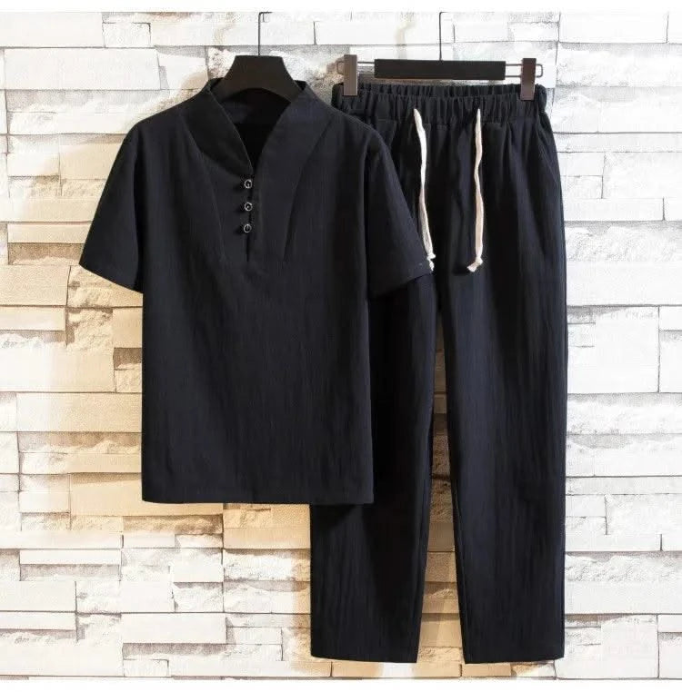 (Shirt + trousers) 2025 summer men shirt Man Cotton and linen shirts Short sleeve men's casual shirts men A set of clothes M-5XL - Elanique