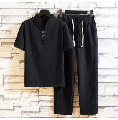 (Shirt + trousers) 2025 summer men shirt Man Cotton and linen shirts Short sleeve men's casual shirts men A set of clothes M-5XL - Elanique