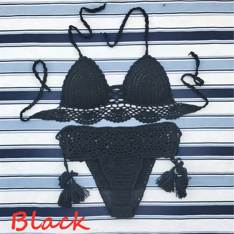 Handmade Crochet Push up Bikini Set Sexy Women Swimwear Crop Top Beach Swimsuit Suit