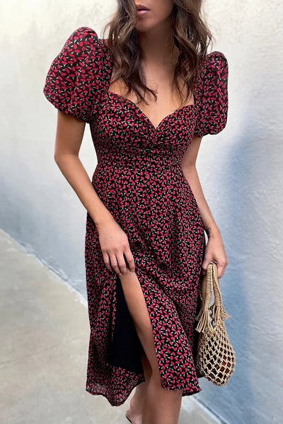 Summer Midi Dress For Women 2025 New Fashion Streetwear Square Neck Puff Sleeve Print Dress Woman Casual Split Dresses Sundress