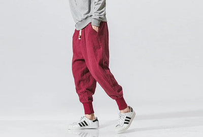Cotton Linen Harem Pants Men Solid Elastic Waist Streetwear Joggers New Baggy Drop-crotch Pants Casual Trousers Men