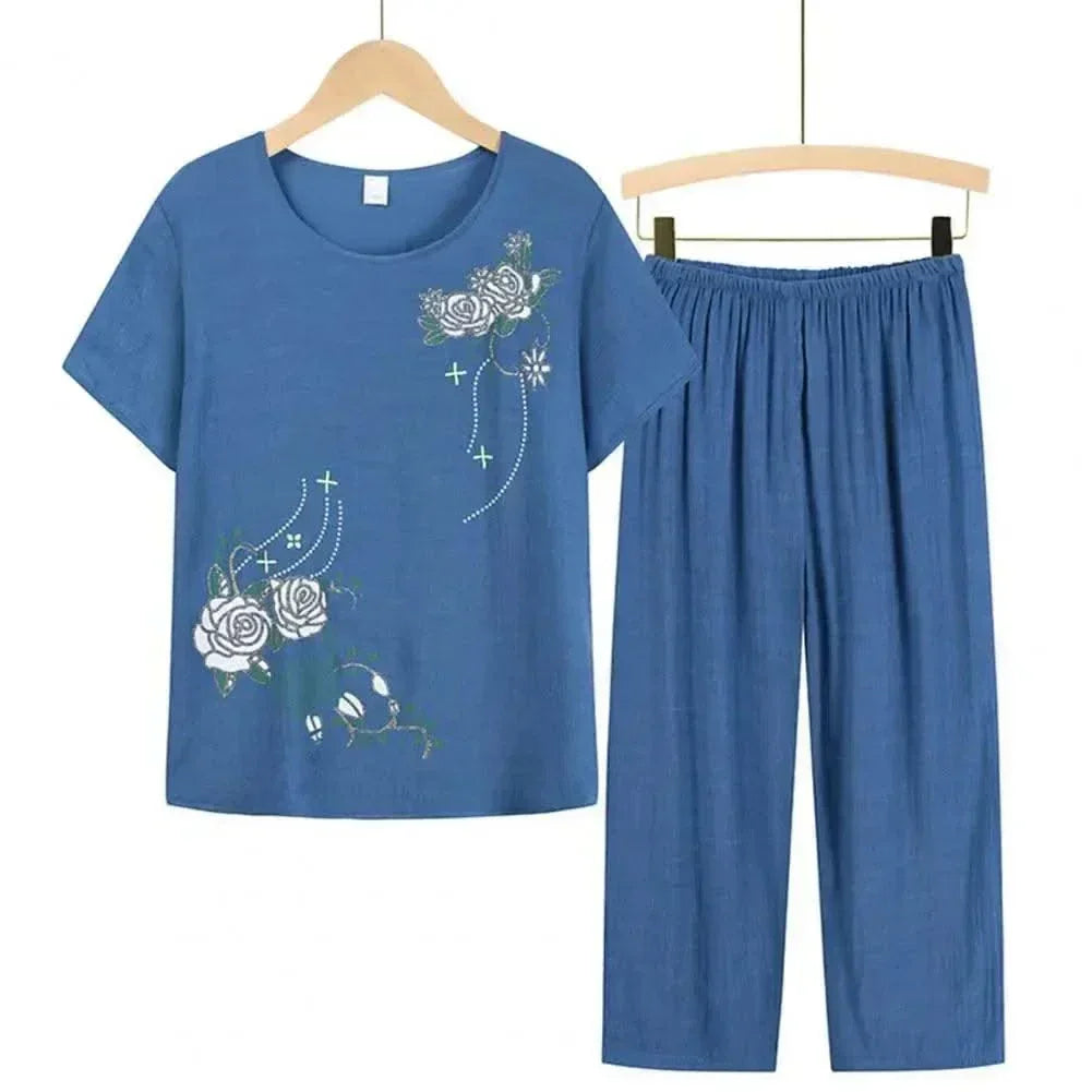 Summer Women Lounge Wear Set Short Sleeve Floral Print T-shirt Trousers Pants Loose Two Pieces Set Outfit Middle-aged Women Suit