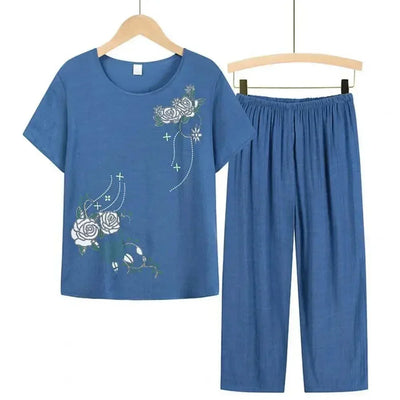 Summer Women Lounge Wear Set Short Sleeve Floral Print T-shirt Trousers Pants Loose Two Pieces Set Outfit Middle-aged Women Suit