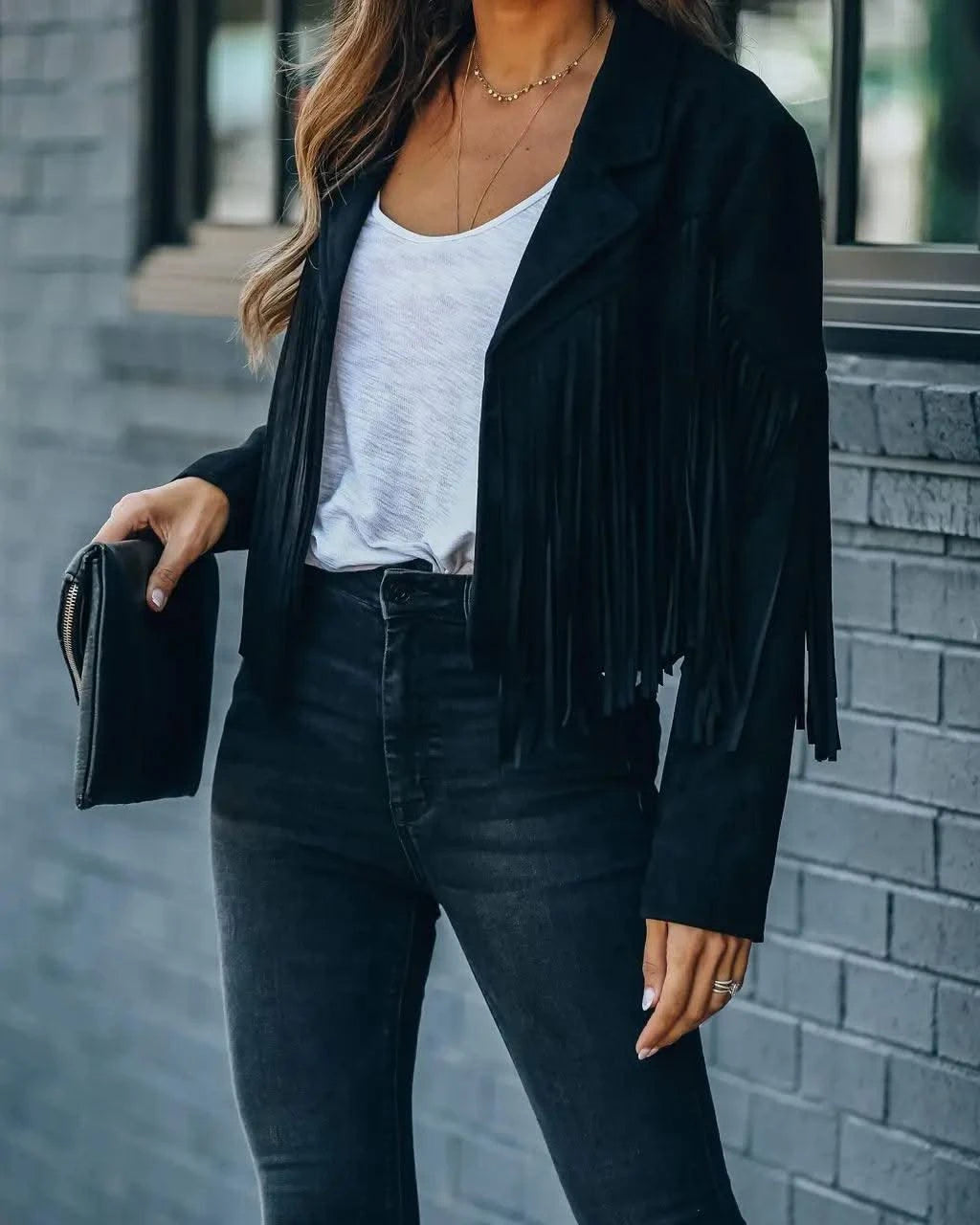 Fringed Bomber Jacket Women Long Sleeve Turn-down Collar