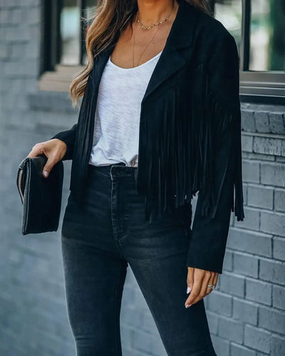 Fringed Bomber Jacket Women Long Sleeve Turn-down Collar