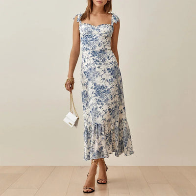 Summer Dresses For Women 2021 Elegant Ruffle Hem Floral Chiffon Midi Dress Frill Edge Sweetheart Neck Strap Tie Sexy Slip Dress