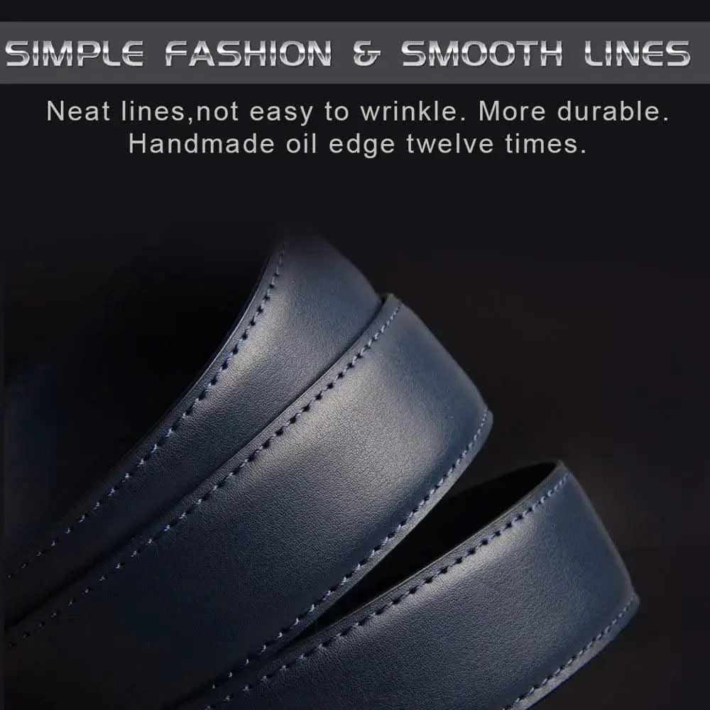 Blue Genuine Leather Automatic Buckle Strap Metal Belts for Men| Male