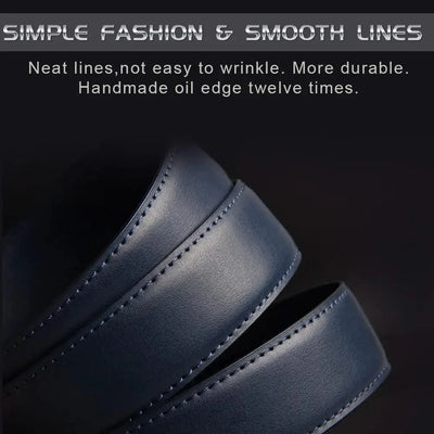 Blue Genuine Leather Automatic Buckle Strap Metal Belts for Men| Male