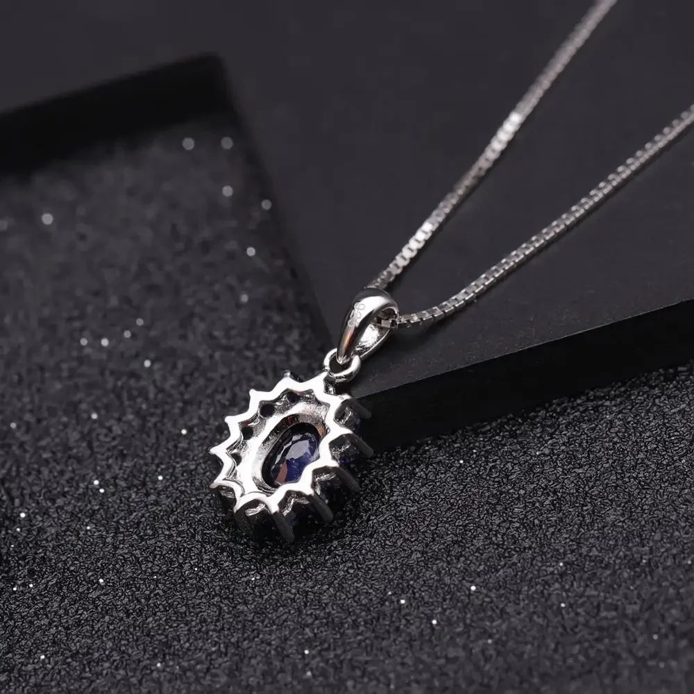 GEM'S BALLET Princess Diana Natural Blue Sapphire Pendant Earrings Ring Set 925 Sterling Silver Design Jewelry Set for Women