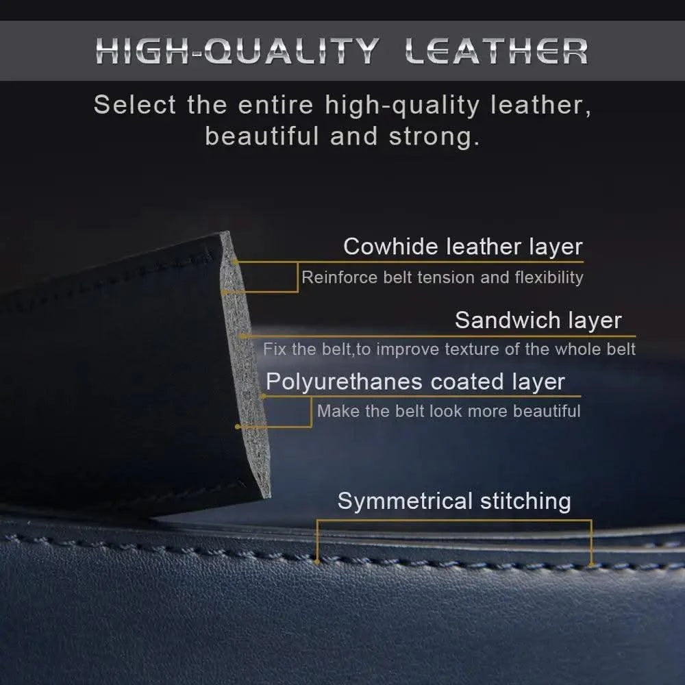 Blue Genuine Leather Automatic Buckle Strap Metal Belts for Men| Male