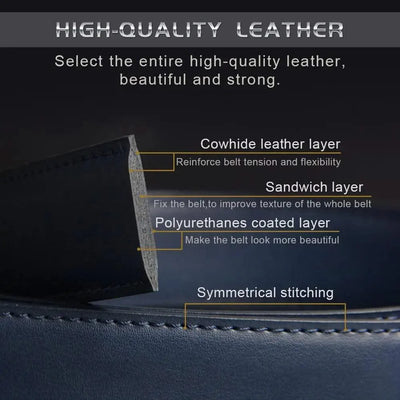 Blue Genuine Leather Automatic Buckle Strap Metal Belts for Men| Male