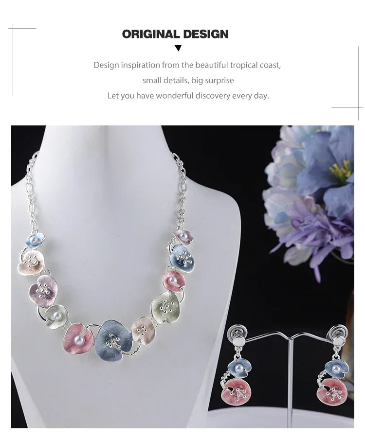 MeiceM Women Silver Plated Pendant Original Design Chain Leaf Necklace Drop Female Luxury Necklaces Set for Wedding Women's Mom