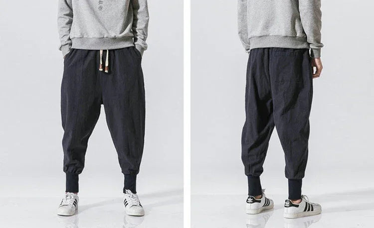 Cotton Linen Harem Pants Men Solid Elastic Waist Streetwear Joggers New Baggy Drop-crotch Pants Casual Trousers Men