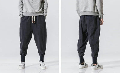 Cotton Linen Harem Pants Men Solid Elastic Waist Streetwear Joggers New Baggy Drop-crotch Pants Casual Trousers Men