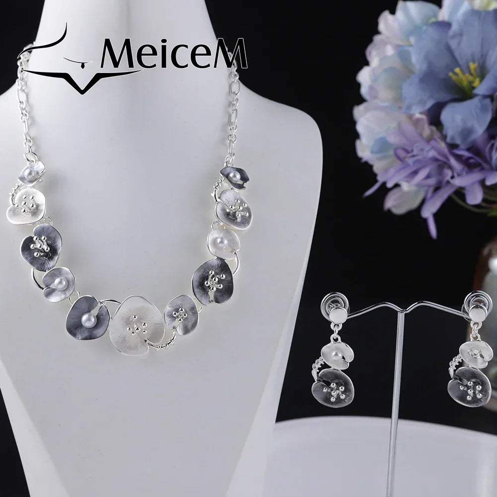 MeiceM Women Silver Plated Pendant Original Design Chain Leaf Necklace Drop Female Luxury Necklaces Set for Wedding Women's Mom