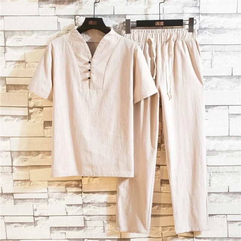 (Shirt + trousers) 2025 summer men shirt Man Cotton and linen shirts Short sleeve men's casual shirts men A set of clothes M-5XL - Elanique
