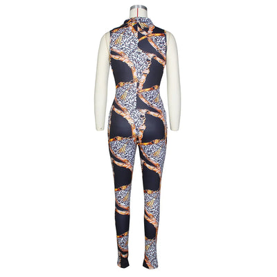 JRRY Sexy Women Jumpsuits Sleeveless Sashes Print Bodysuit High Elasticity Chain Pattern Outdoor Wear
