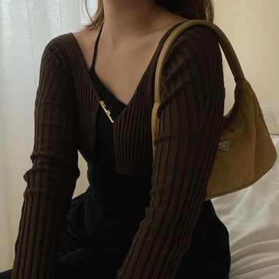 Cryptographic Autumn Knitted Sexy Cropped Sweaters Women Fashion Long Sleeve Cardigan Women Tops Pullovers Oversized Clothes