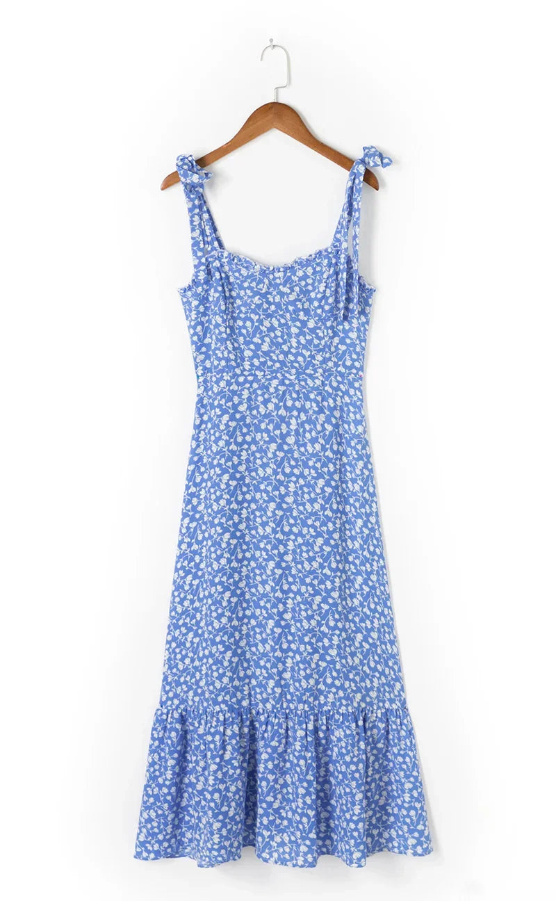 Summer Dresses For Women 2021 Elegant Ruffle Hem Floral Chiffon Midi Dress Frill Edge Sweetheart Neck Strap Tie Sexy Slip Dress
